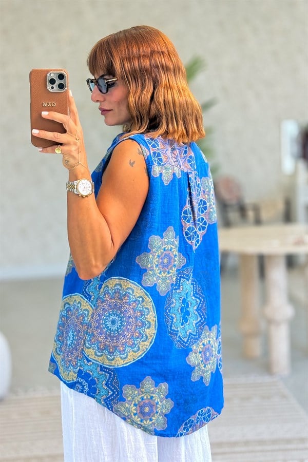 Mandala Desen Hakim Yaka 3 Düğmeli Pamuklu Gömlek Saks Renk