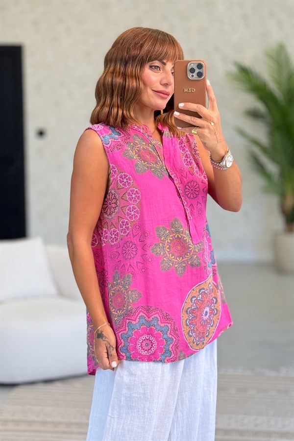 Mandala Desen Hakim Yaka 3 Düğmeli Pamuklu Gömlek Fuşya Renk