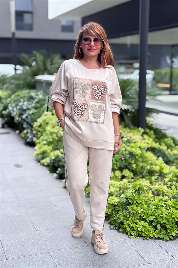 Mickey Ve Taş Detaylı Modal Kumaş Sweet Bej Renk