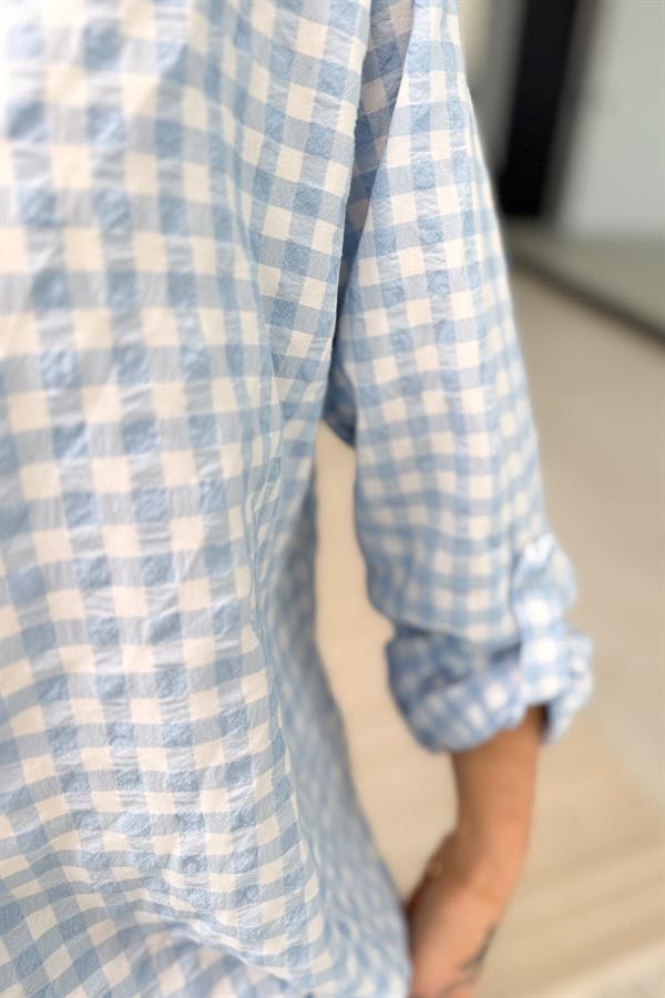 Mini Kare Desenli Pamuklu Gömlek Bebe Mavi Renk