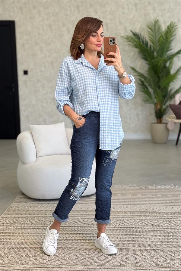 Mini Kare Desenli Pamuklu Gömlek Bebe Mavi Renk