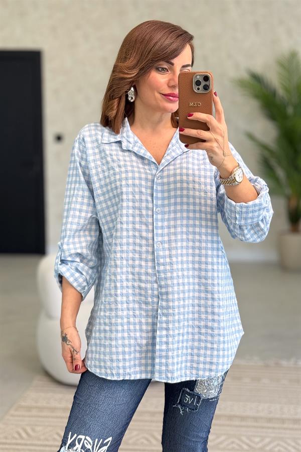 Mini Kare Desenli Pamuklu Gömlek Bebe Mavi Renk