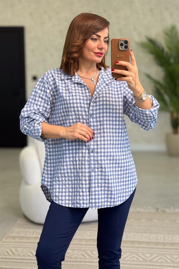 Mini Kare Desenli Pamuklu Gömlek İndigo Renk