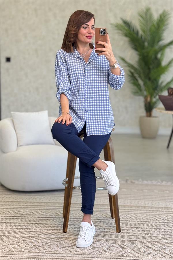 Mini Kare Desenli Pamuklu Gömlek İndigo Renk