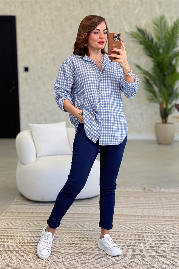 Mini Kare Desenli Pamuklu Gömlek İndigo Renk
