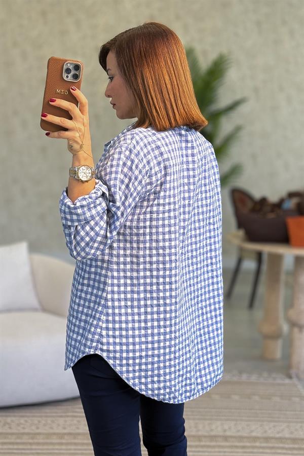 Mini Kare Desenli Pamuklu Gömlek İndigo Renk