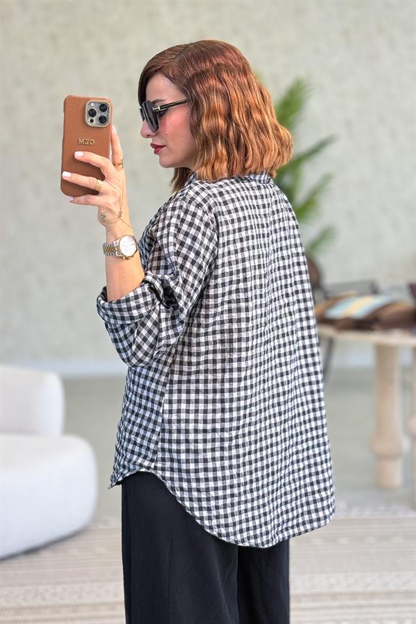 Mini Kare Desenli Pamuklu Gömlek Siyah Renk