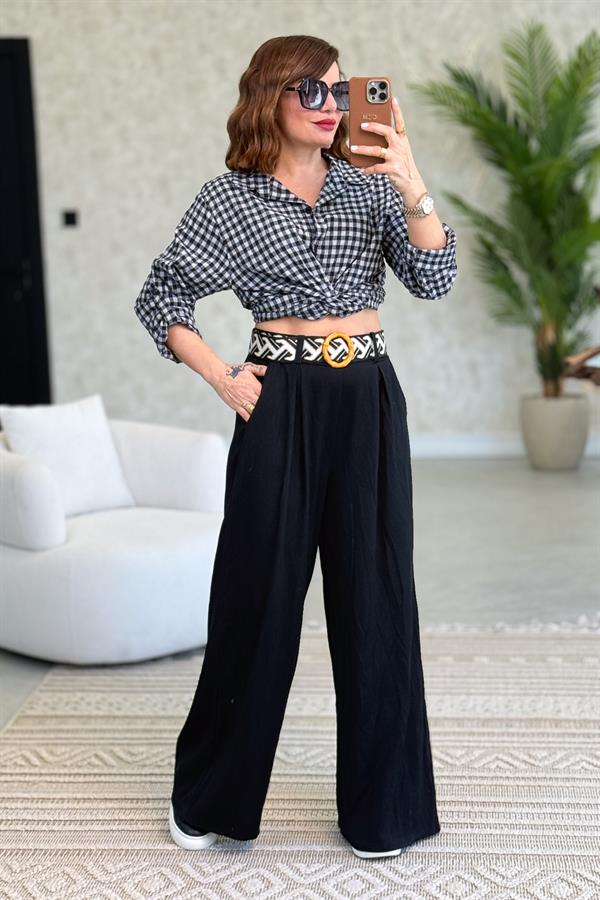 Mini Kare Desenli Pamuklu Gömlek Siyah Renk