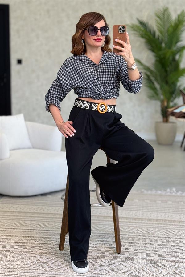 Mini Kare Desenli Pamuklu Gömlek Siyah Renk