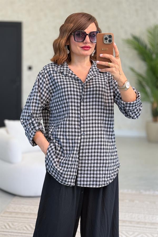 Mini Kare Desenli Pamuklu Gömlek Siyah Renk