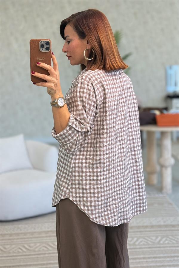 Mini Kare Desenli Pamuklu Gömlek Vizon Renk