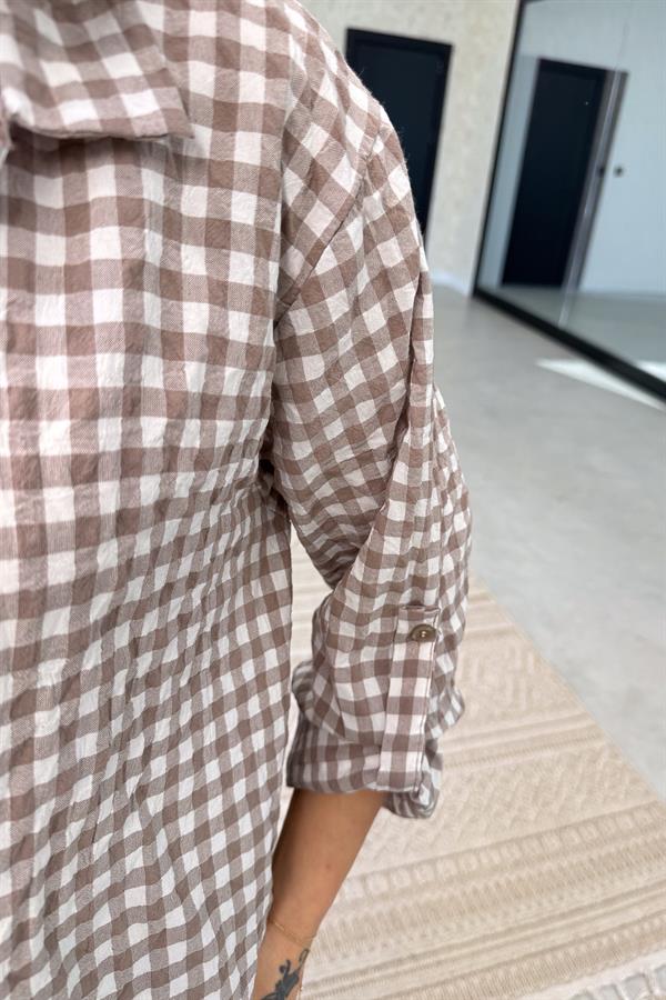 Mini Kare Desenli Pamuklu Gömlek Vizon Renk