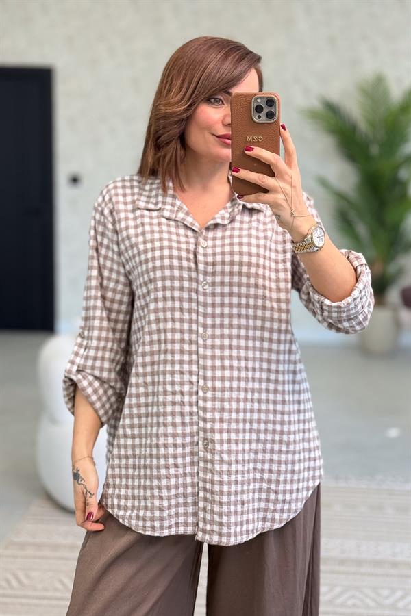 Mini Kare Desenli Pamuklu Gömlek Vizon Renk