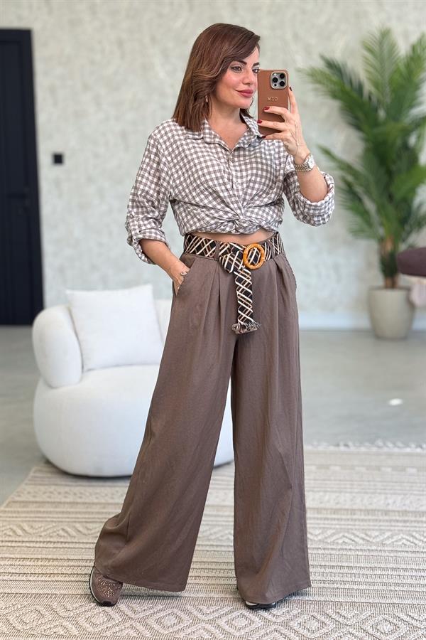 Mini Kare Desenli Pamuklu Gömlek Vizon Renk