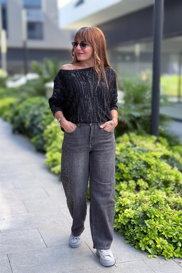 Mom Fit Taş Detaylı Kot Pantolon Füme Renk