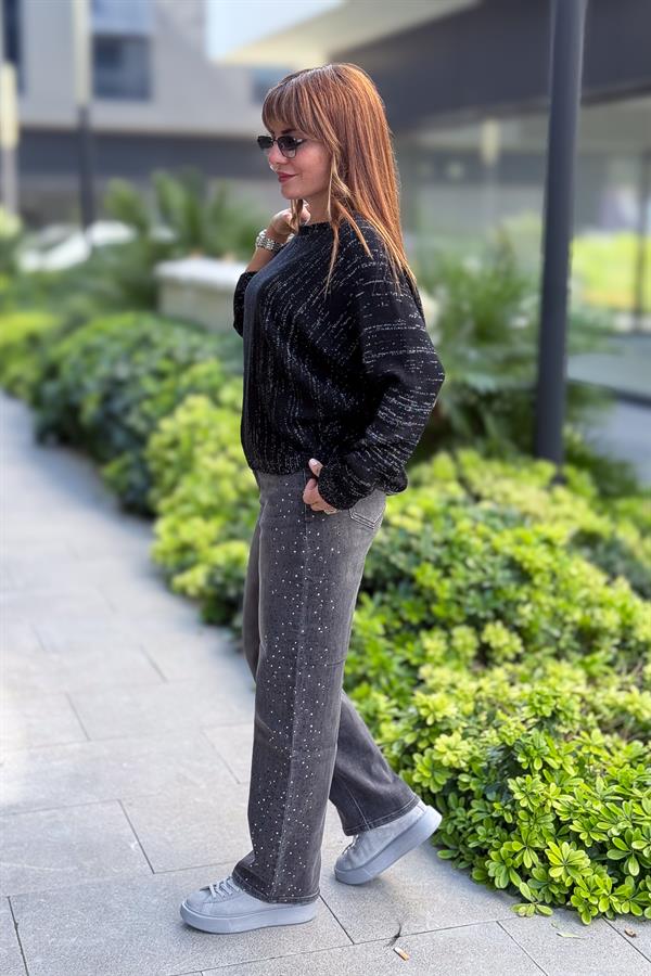 Mom Fit Taş Detaylı Kot Pantolon Füme Renk