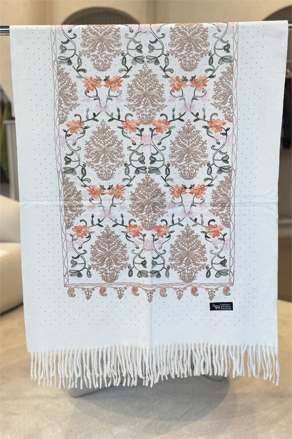 Motif Desen Nakış İşlemeli Taş Baskılı Kaşmir Şal Beyaz Renk