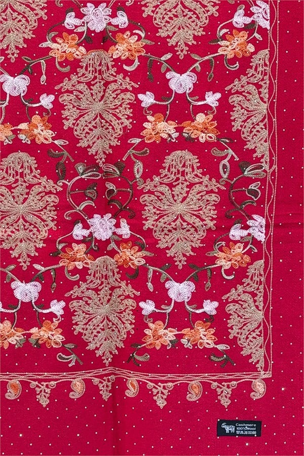 Motif Desen Nakış İşlemeli Taş Baskılı Kaşmir Şal Vişne Renk