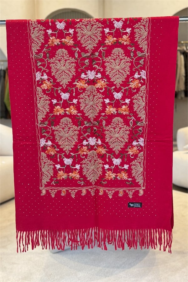 Motif Desen Nakış İşlemeli Taş Baskılı Kaşmir Şal Vişne Renk
