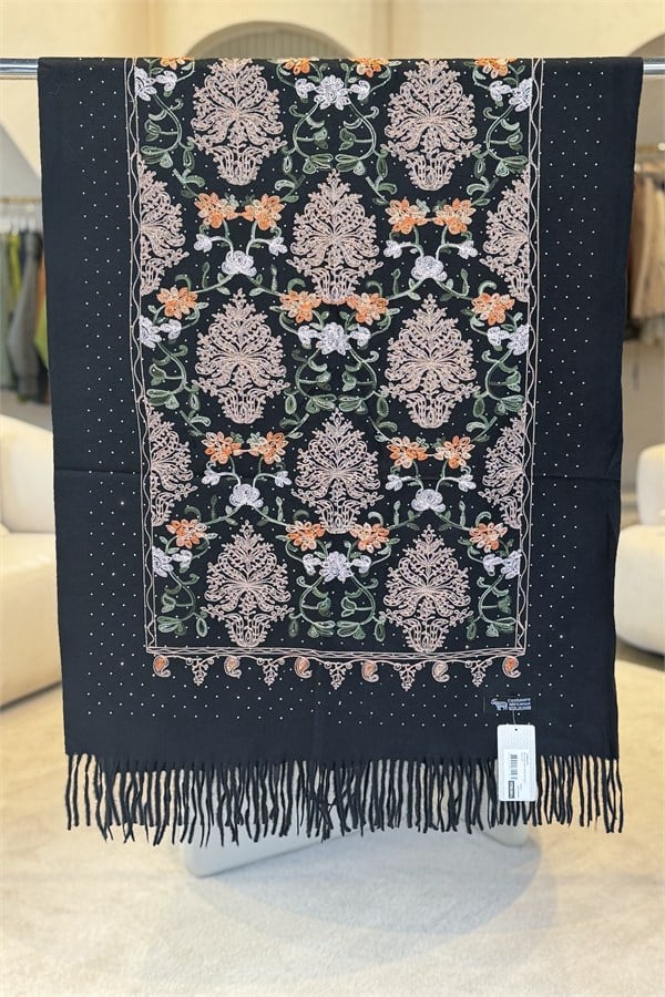 Motif Desen Nakış İşlemeli Taş Baskılı Kaşmir Şal Siyah Renk