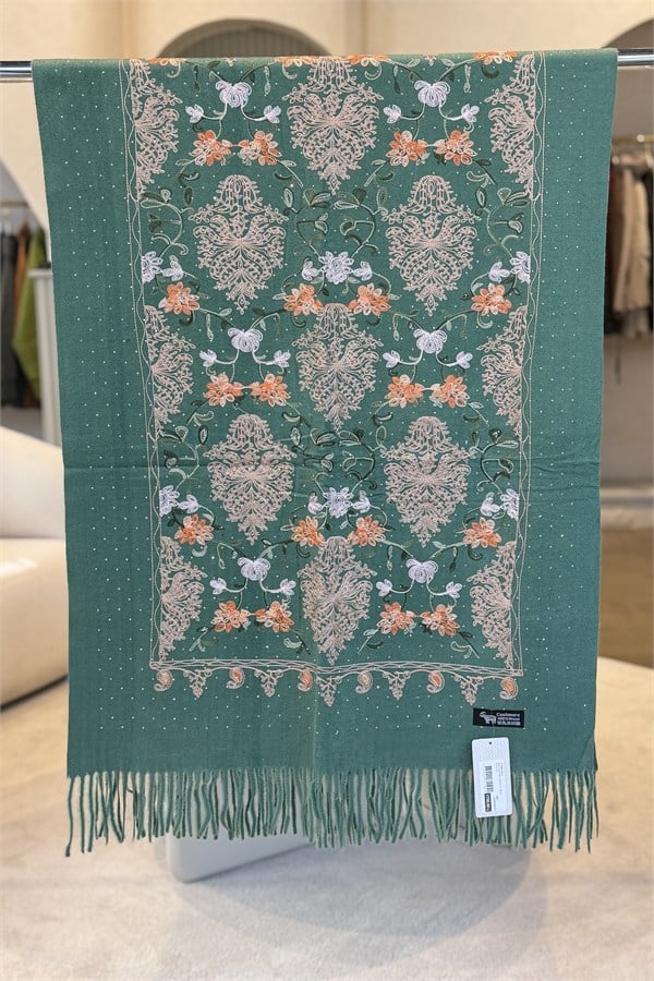 Motif Desen Nakış İşlemeli Taş Baskılı Kaşmir Şal Mint Renk