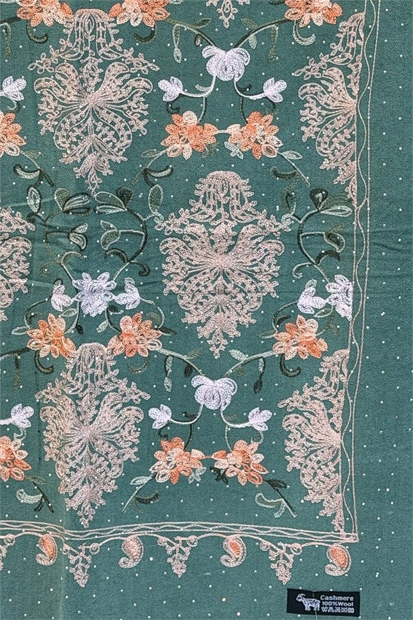Motif Desen Nakış İşlemeli Taş Baskılı Kaşmir Şal Mint Renk