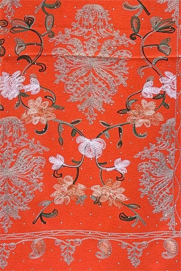 Motif Desen Nakış İşlemeli Taş Baskılı Kaşmir Şal Turuncu Renk