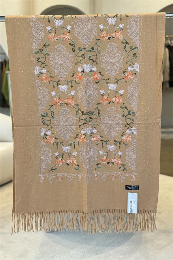 Motif Desen Nakış İşlemeli Taş Baskılı Kaşmir Şal Camel Renk