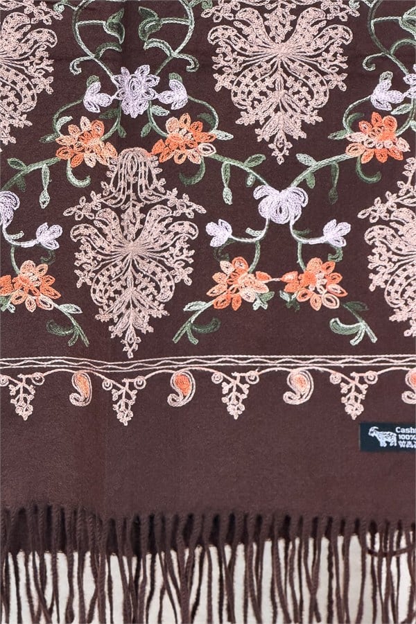 Motif Nakış İşlemeli Kaşmir Şal Acı Kahve Renk