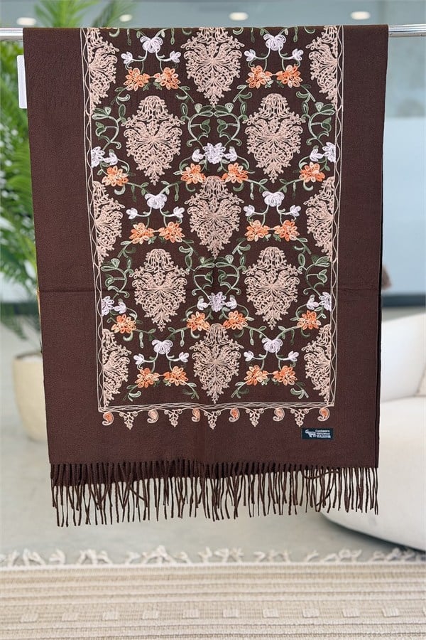 Motif Nakış İşlemeli Kaşmir Şal Acı Kahve Renk