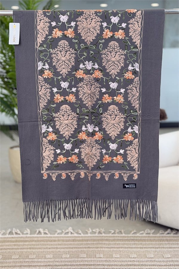 Motif Nakış İşlemeli Kaşmir Şal Antresit Renk