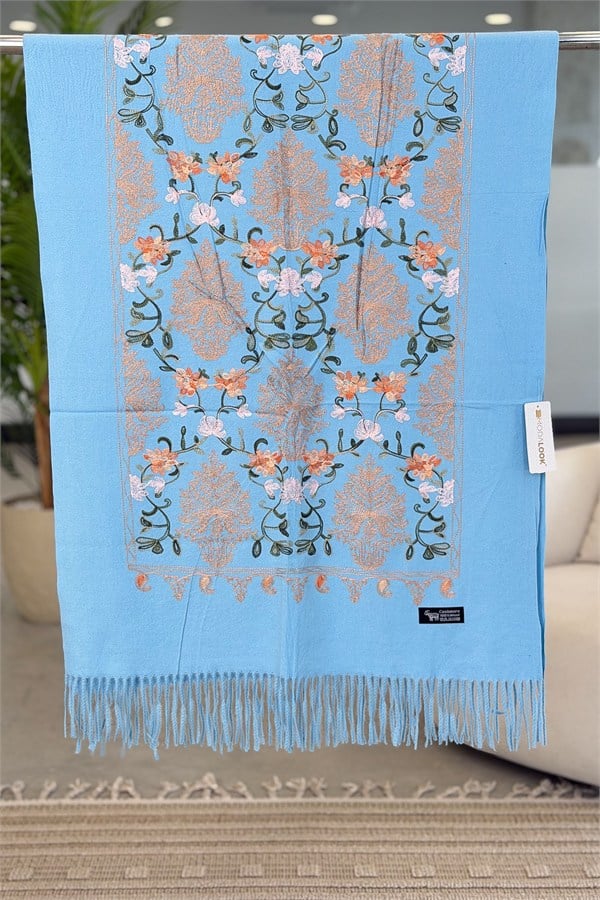 Motif Nakış İşlemeli Kaşmir Şal Bebe Mavi Renk