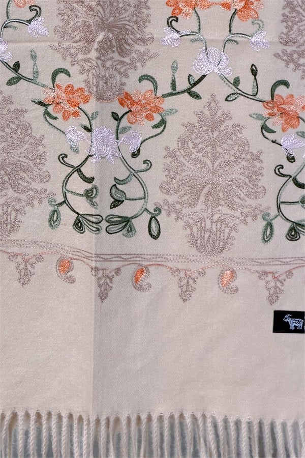 Motif Nakış İşlemeli Kaşmir Şal Bej Renk