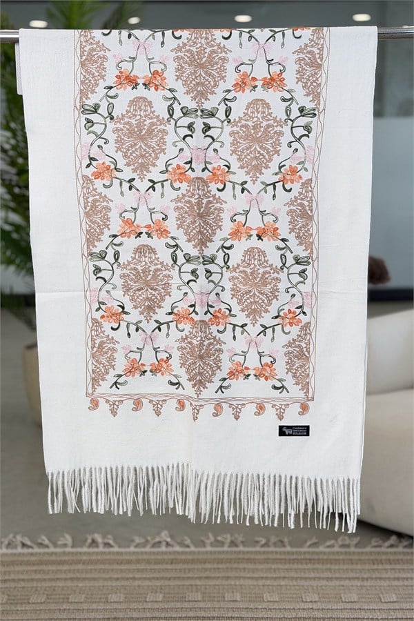 Motif Nakış İşlemeli Kaşmir Şal Beyaz Renk