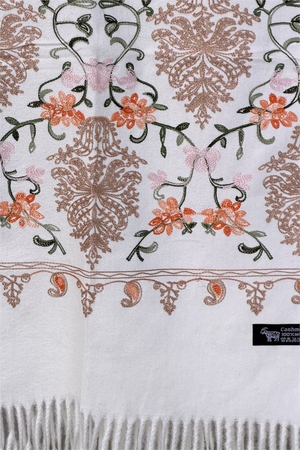 Motif Nakış İşlemeli Kaşmir Şal Beyaz Renk