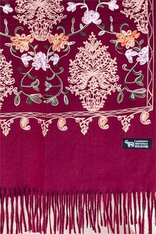 Motif Nakış İşlemeli Kaşmir Şal Bordo Renk