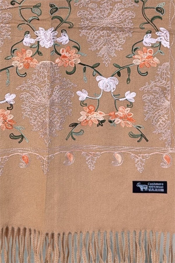 Motif Nakış İşlemeli Kaşmir Şal Camel Renk