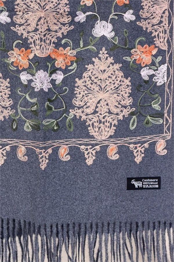 Motif Nakış İşlemeli Kaşmir Şal Füme Renk