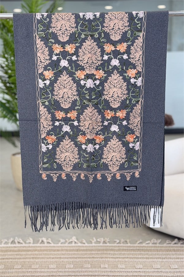 Motif Nakış İşlemeli Kaşmir Şal Füme Renk