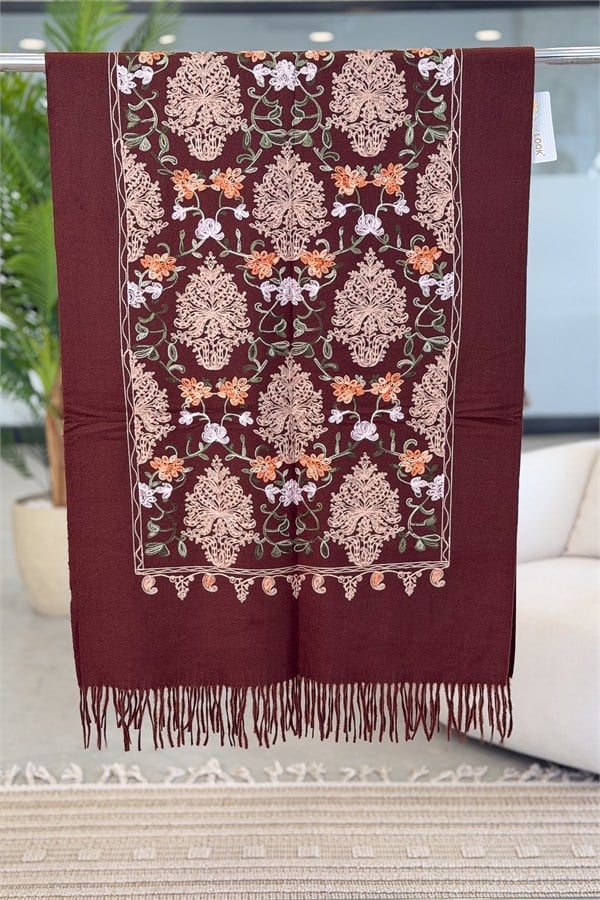 Motif Nakış İşlemeli Kaşmir Şal Kızılkahve Renk