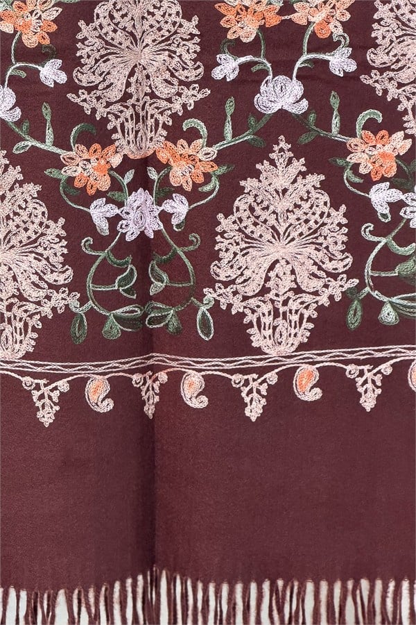 Motif Nakış İşlemeli Kaşmir Şal Kızılkahve Renk