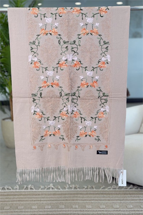 Motif Nakış İşlemeli Kaşmir Şal Koyu Bej Renk