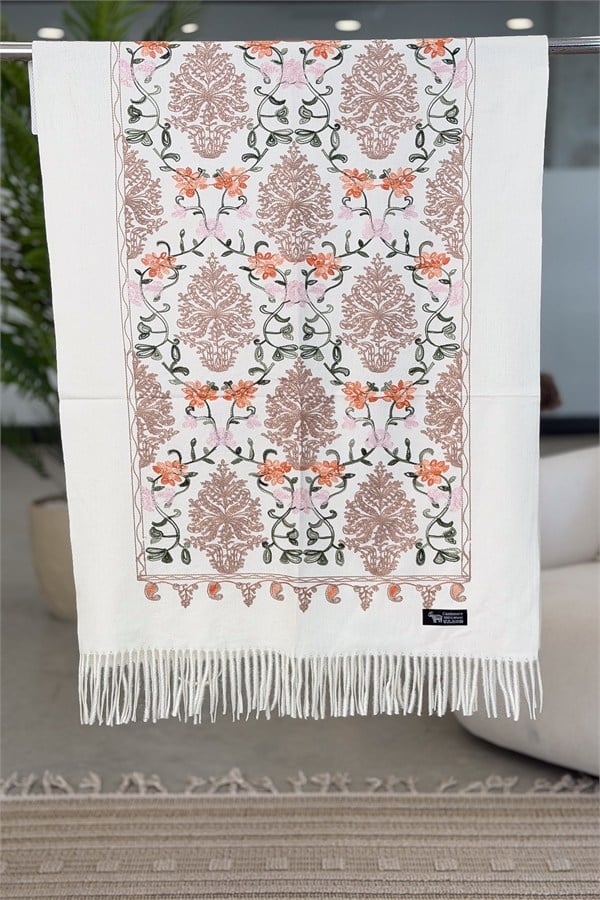 Motif Nakış İşlemeli Kaşmir Şal Krem Renk