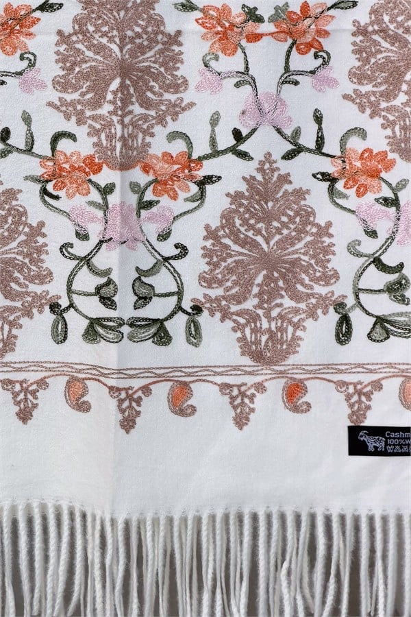 Motif Nakış İşlemeli Kaşmir Şal Krem Renk
