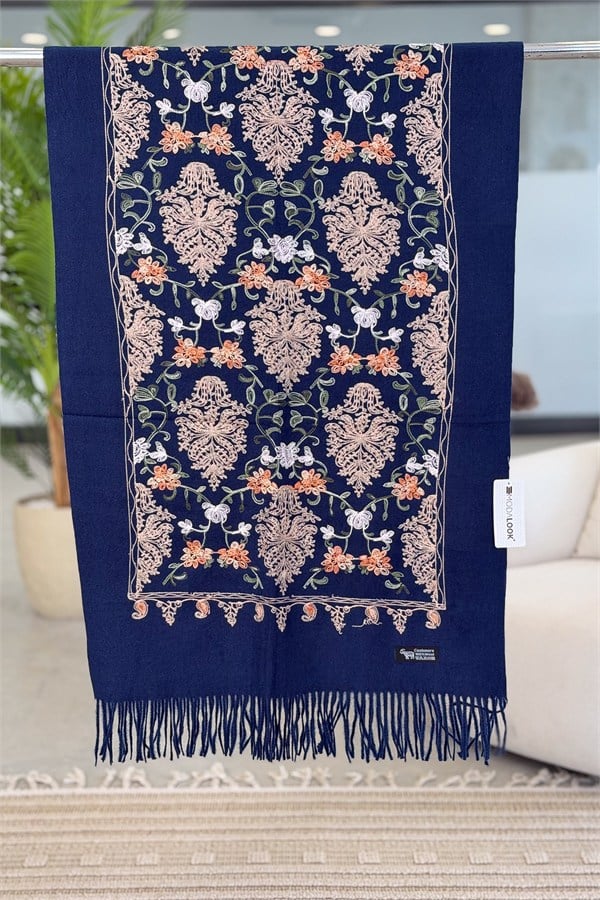 Motif Nakış İşlemeli Kaşmir Şal Lacivert Renk
