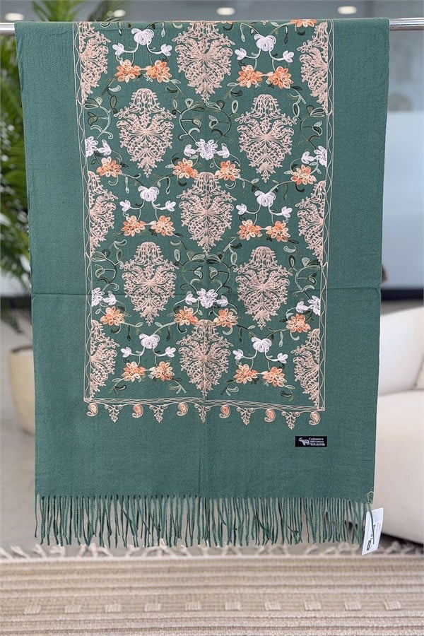 Motif Nakış İşlemeli Kaşmir Şal Mint Renk
