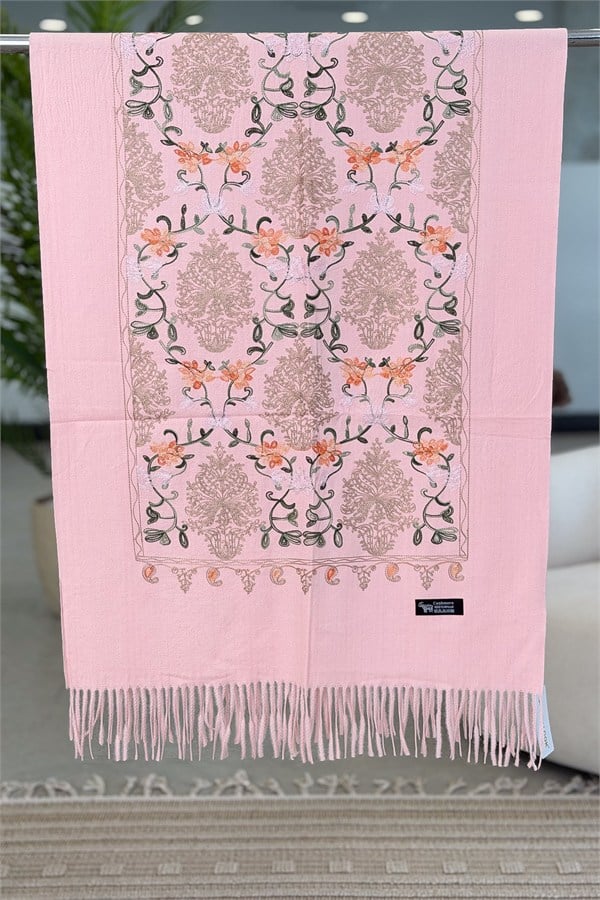 Motif Nakış İşlemeli Kaşmir Şal Pudra Renk