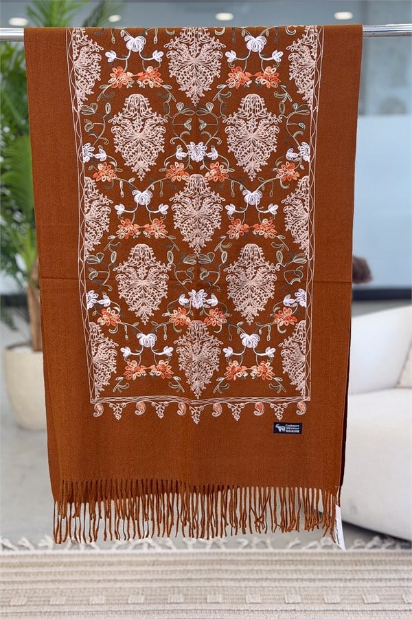 Motif Nakış İşlemeli Kaşmir Şal Taba Renk