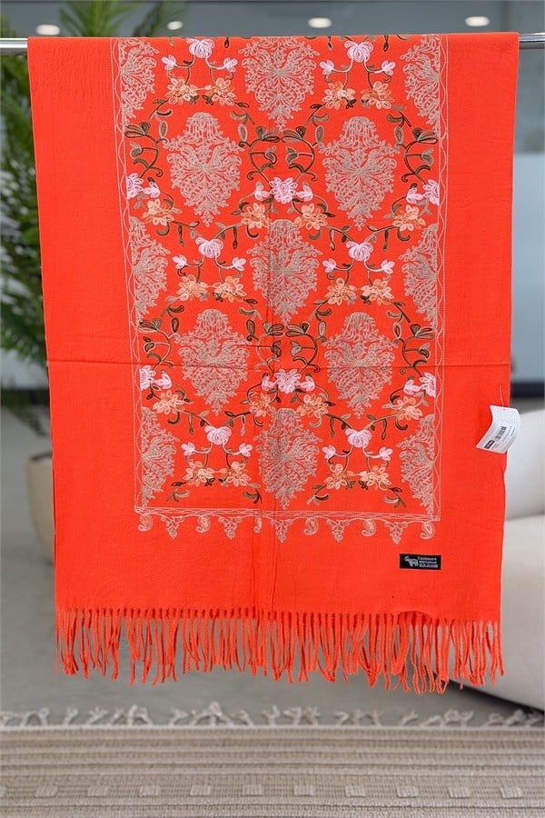 Motif Nakış İşlemeli Kaşmir Şal Turuncu Renk