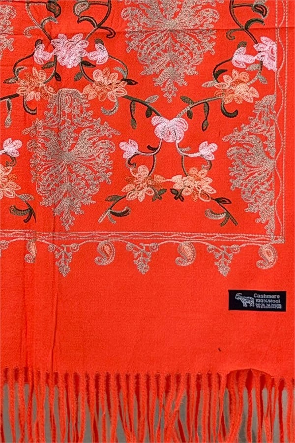 Motif Nakış İşlemeli Kaşmir Şal Turuncu Renk